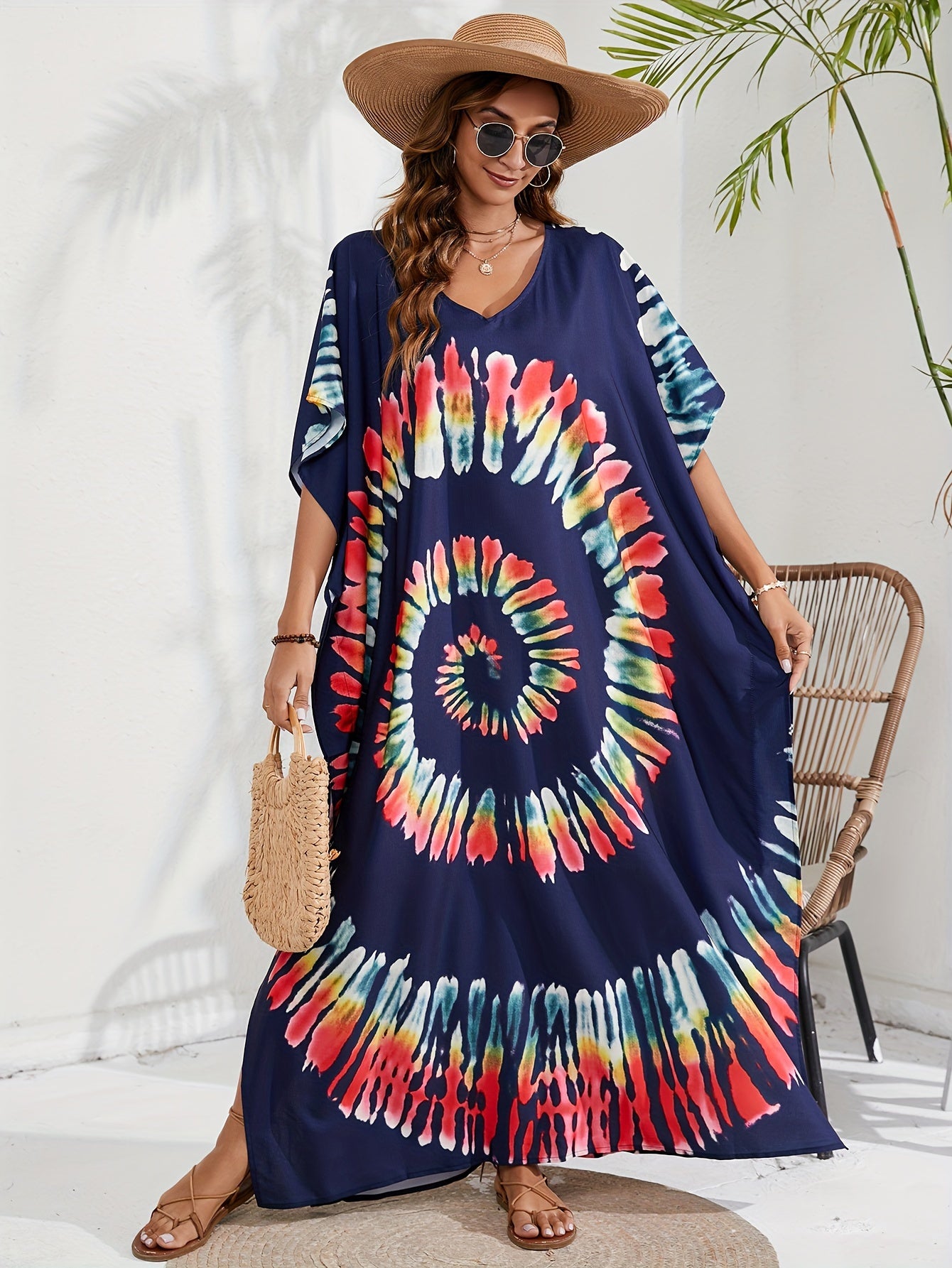 Boho Cover Up Spiral Tie Dye Batwing Sleeve V Neck Split
