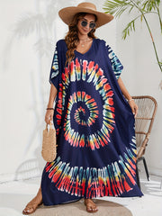 Boho Cover Up Spiral Tie Dye Batwing Sleeve V Neck Split