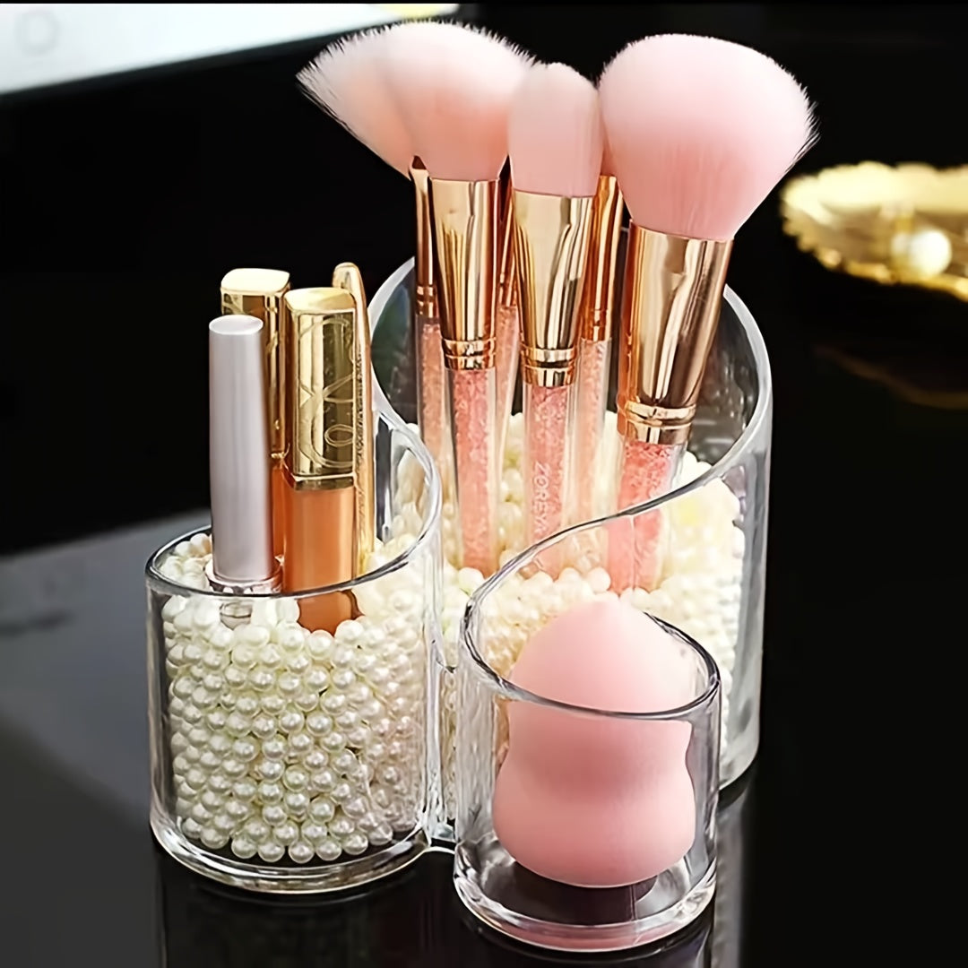 Acrylic Cosmetic Brush Holder with Faux Pearl Makeup Organizer