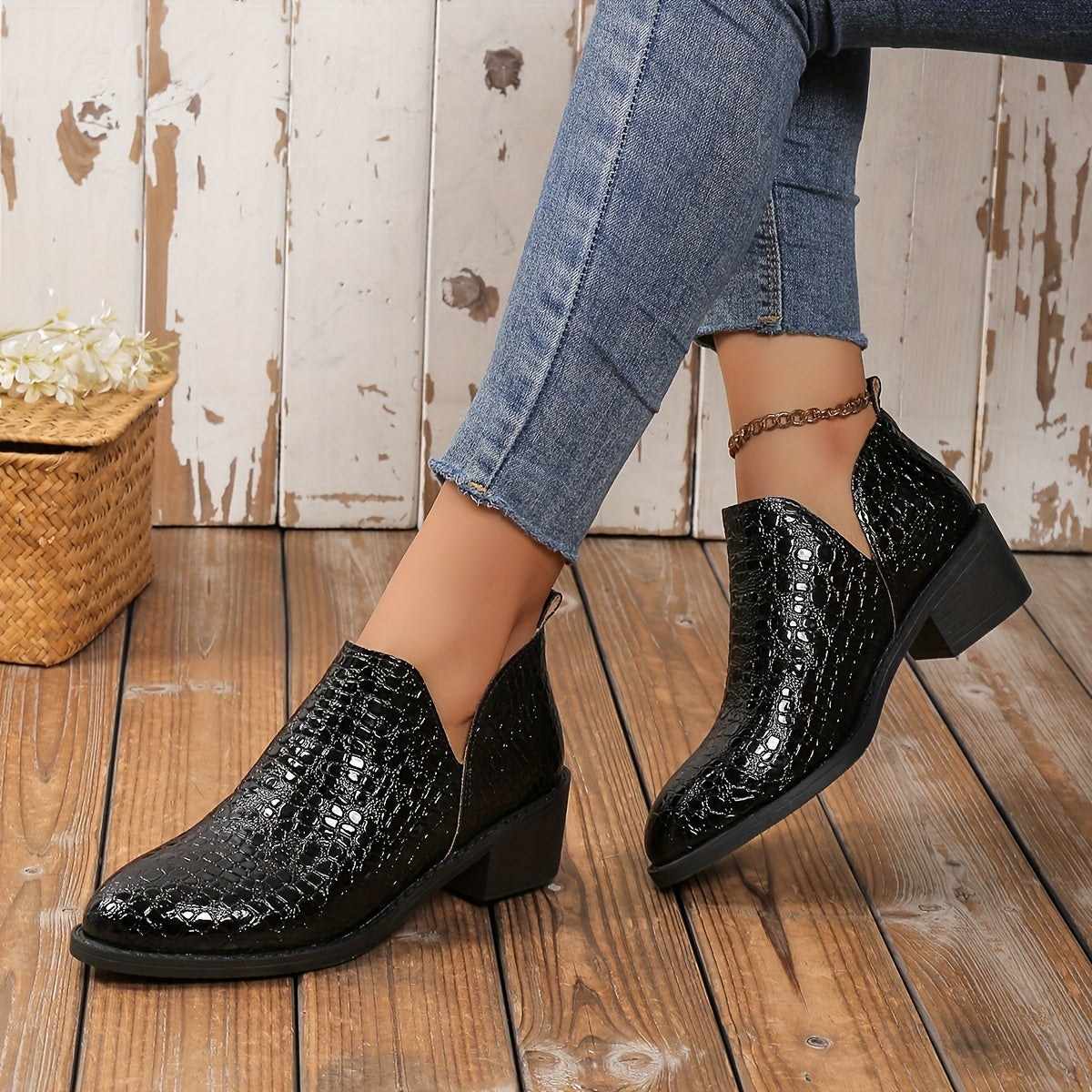Women's Leather Slip On Chunky Heel Brogue Shoes