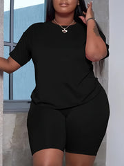 Solid Short Sleeve T shirt & Skinny Shorts Set Women's Plus Slight Str