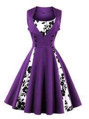Retro Contrast Block Dress Button Sleeveless Waist Swing Dress
