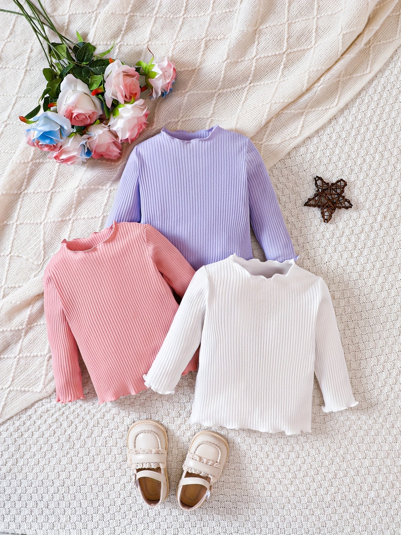 Baby Girl's Ribbed Knit Long Sleeved T-shirt 3pcs Set