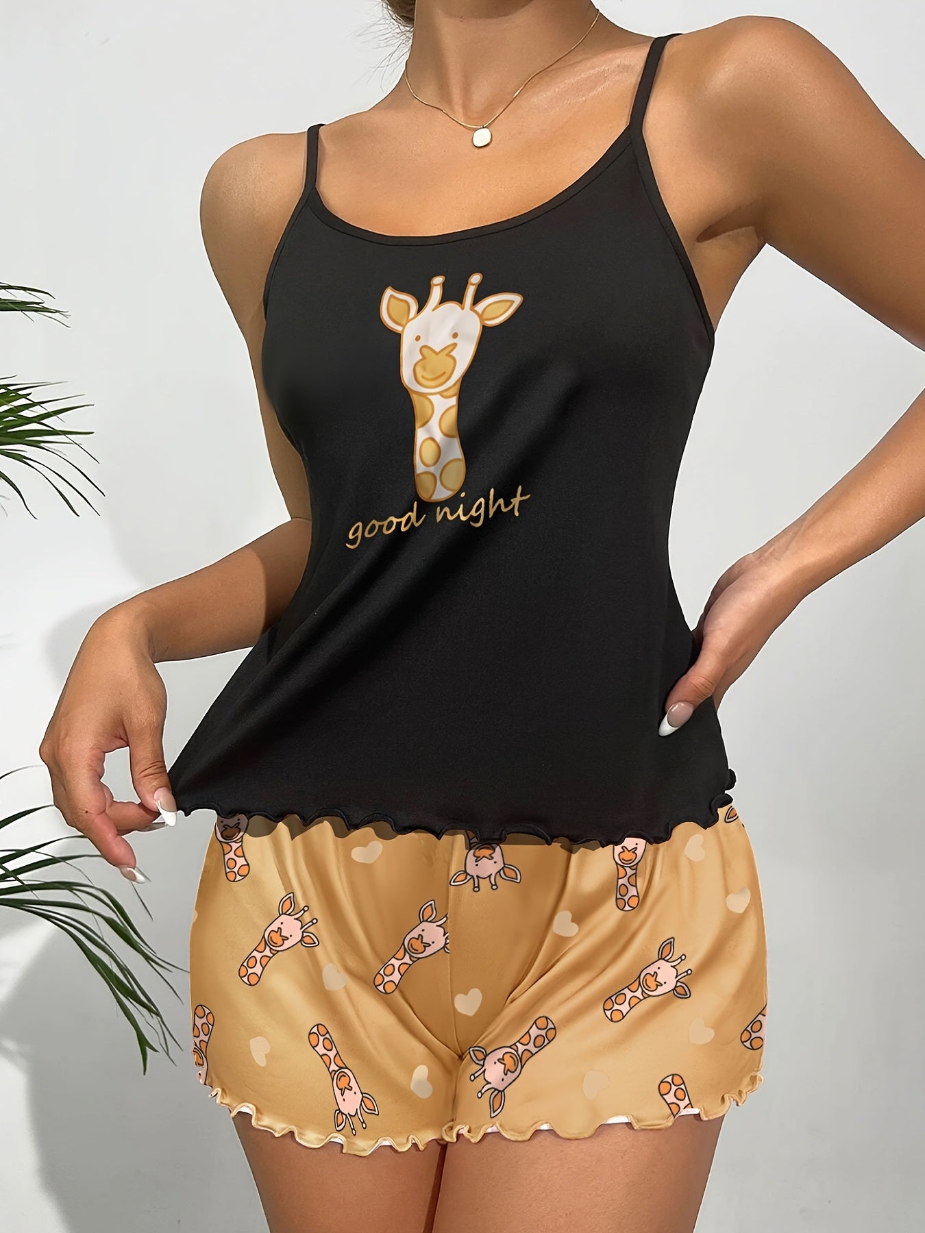 Giraffe Print Lounge Set Cami Top & Shorts Women's Loungewear