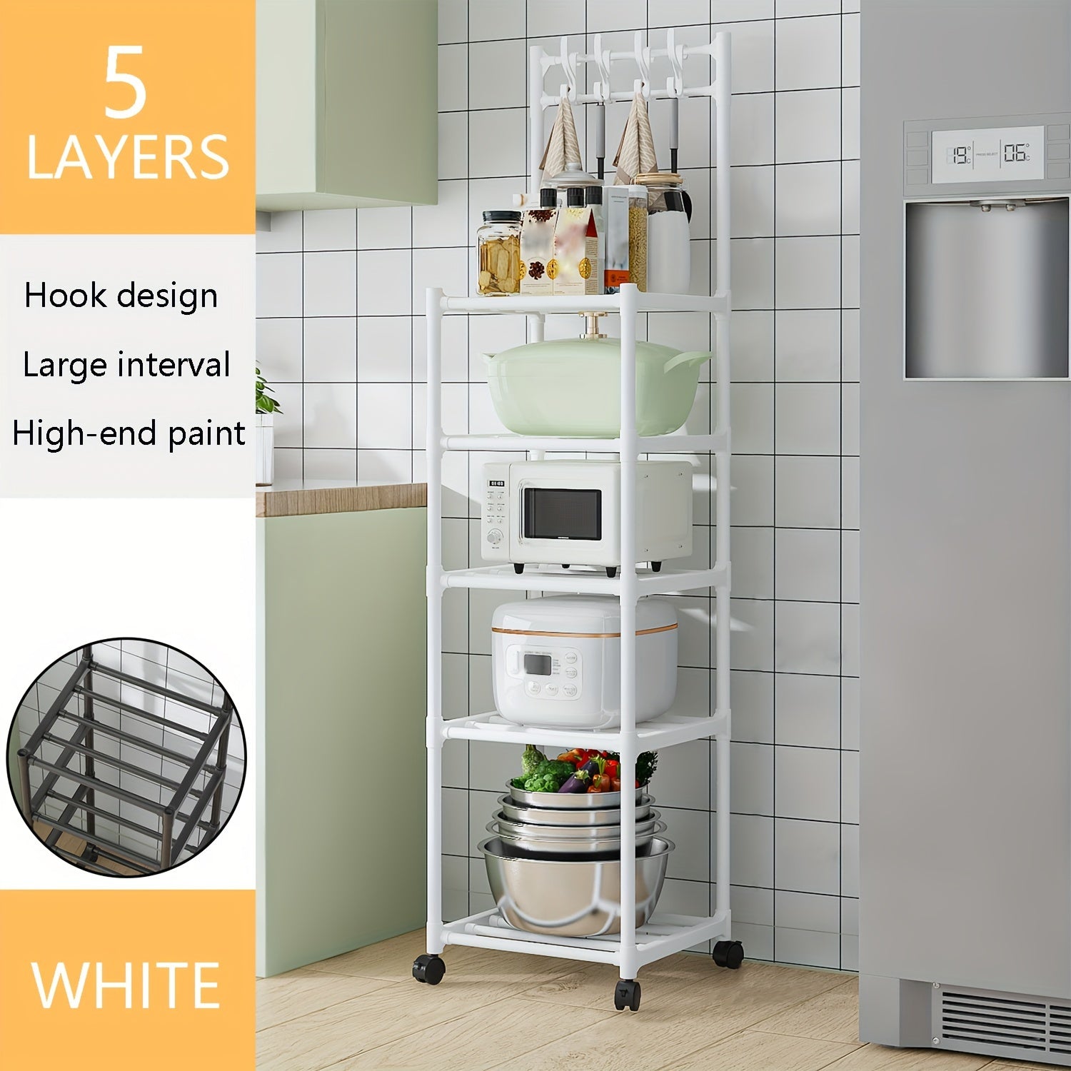 5-Layer Kitchen Storage Rack with Pulleys & Hooks