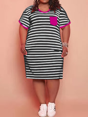 Strip Print Midi Dress With Pockets Plus Size
