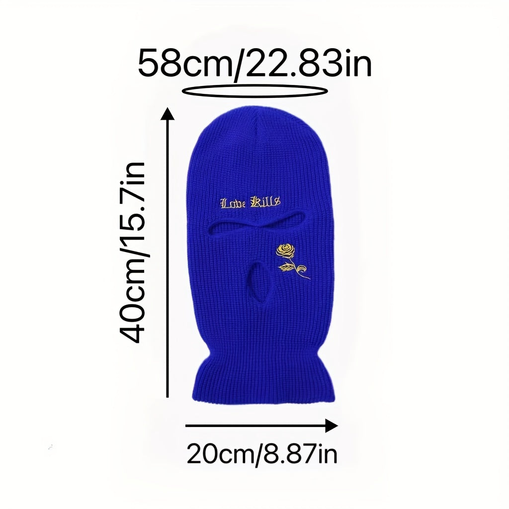 Rose Embroidery 3 Hole Ski Mask Winter Balaclava Neck Protector