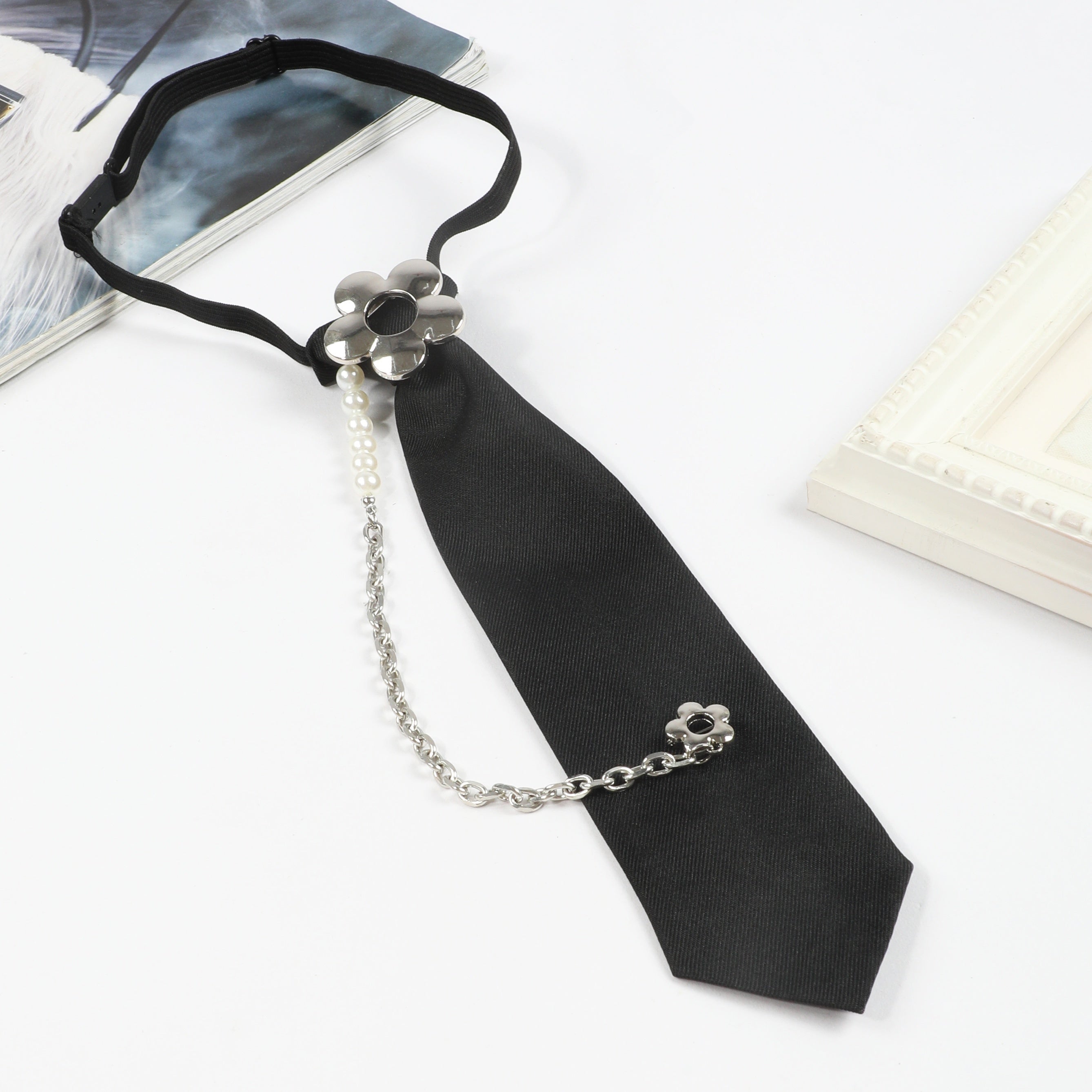 Adjustable Tie Flower Tassel Pearl String Neck Tie for Party Evening