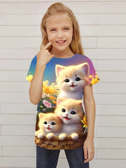 Cute Cats Graphic Short Sleeve T-shirt for Girls - Summer Gift