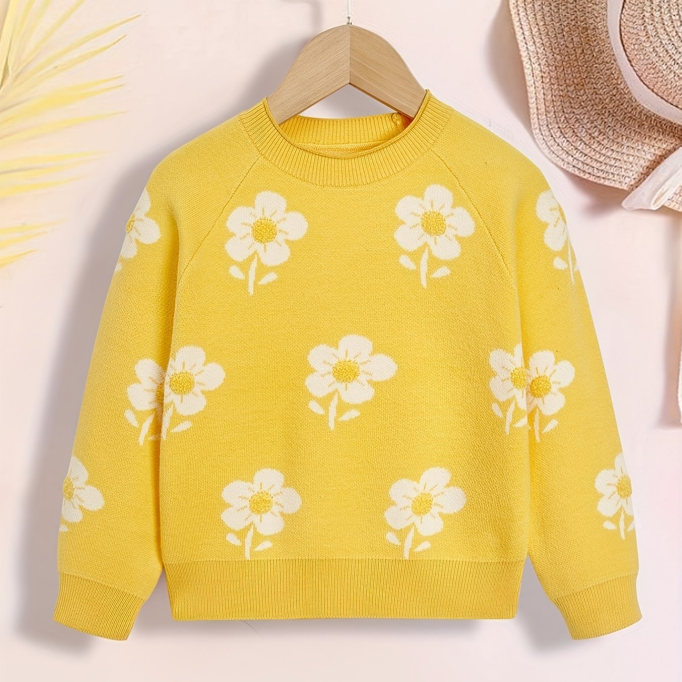 Girls' Flower Jacquard Knitted Crewneck Long Sleeve Sweater