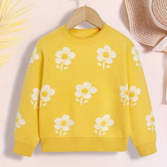 Girls' Flower Jacquard Knitted Crewneck Long Sleeve Sweater