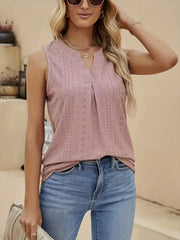 Eyelet Pleated V Neck Tank Top Women's Summer Sleeveless Top