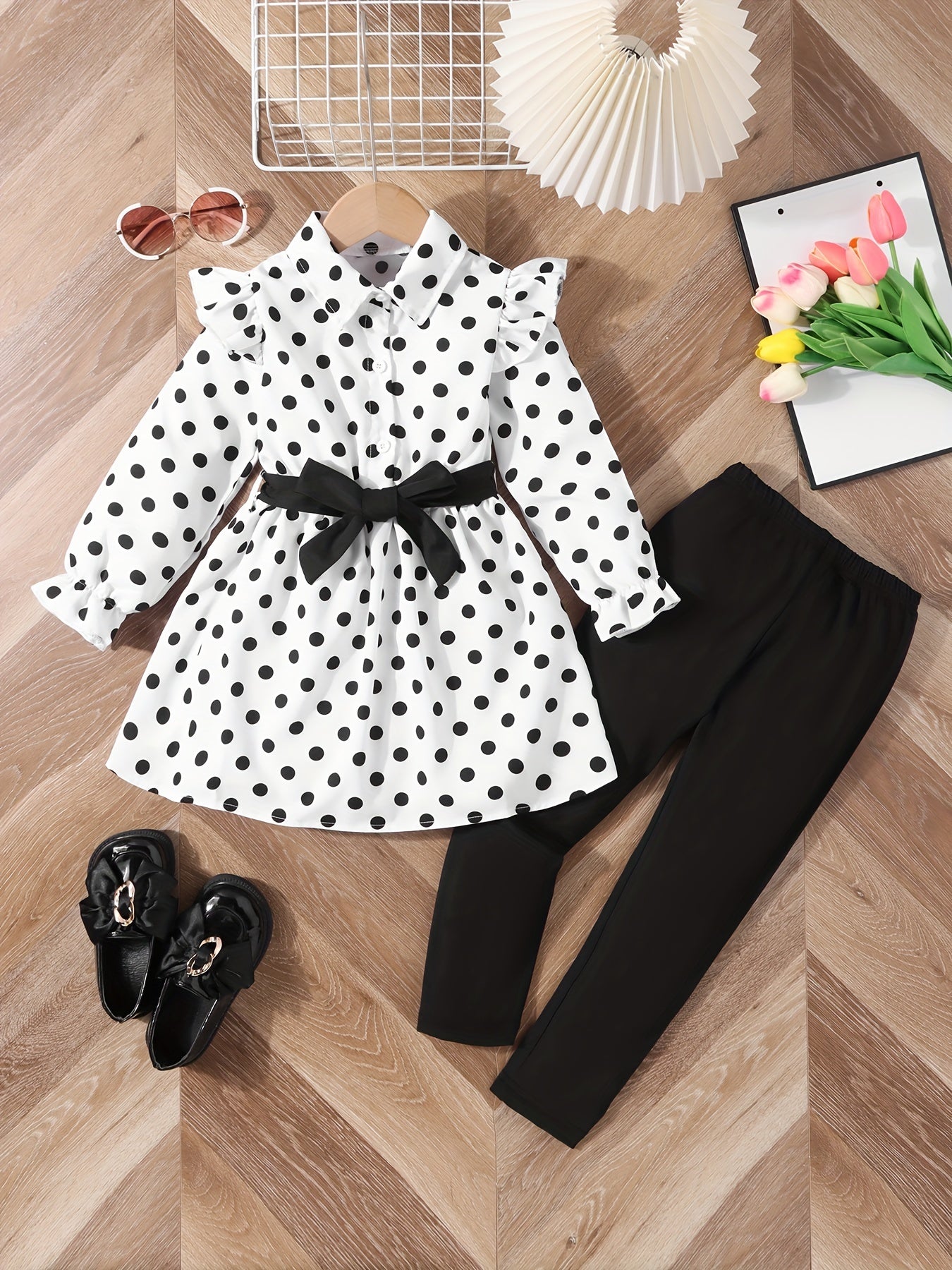 Girl's 2pcs Shirt & Pants Set Ruffle Decor Outfit For Spring Fall
