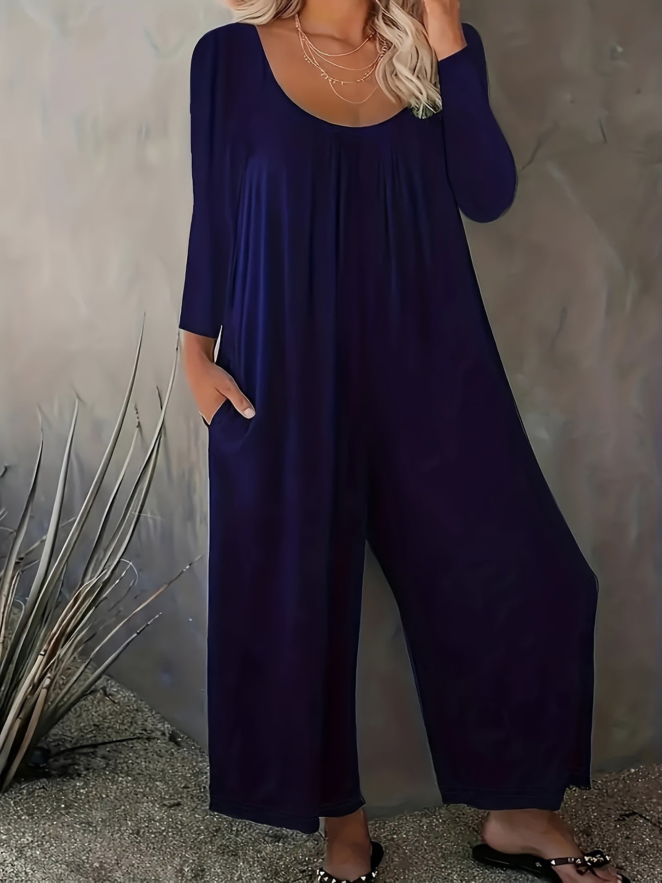 Solid Long Sleeve Wide Leg Jumpsuit With Pockets