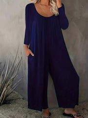 Solid Long Sleeve Wide Leg Jumpsuit With Pockets