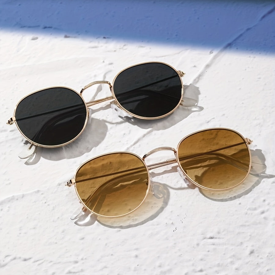 2 Pairs Round Metal Frame Sunglasses Gradient Lens Casual Style Glasses