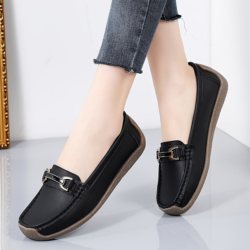 Women's Metal Buckle Slip On Loafers Comfortable Flat Moccasins