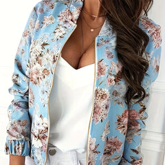 Floral Print Zipper Jacket Long Sleeve Casual Elastic Trim Women's Clothing