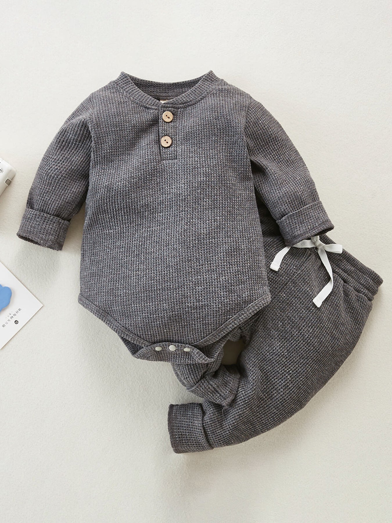 2pcs Unisex Newborn Baby Waffle Outfit Long Sleeve Button Tops