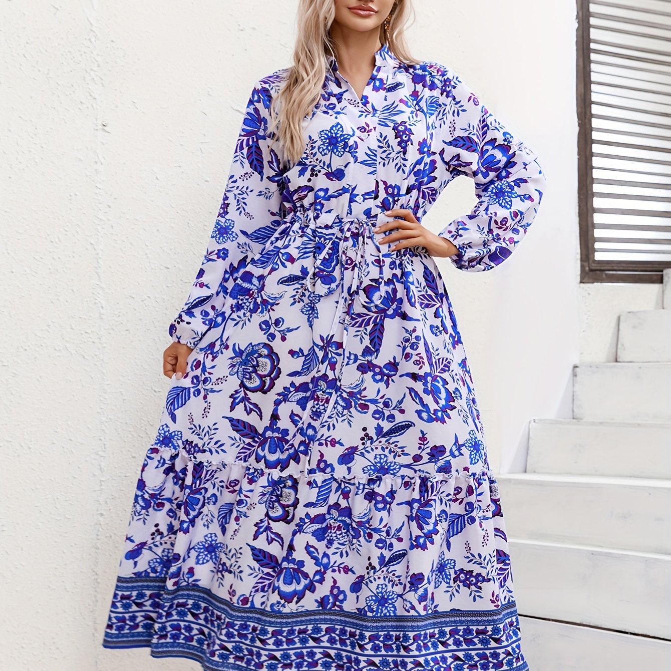 Floral Print Lantern Sleeve Maxi Dress With Belt