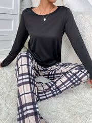 Plaid Print Pajama Set Long Sleeve Top & Pants Women's Sleepwear