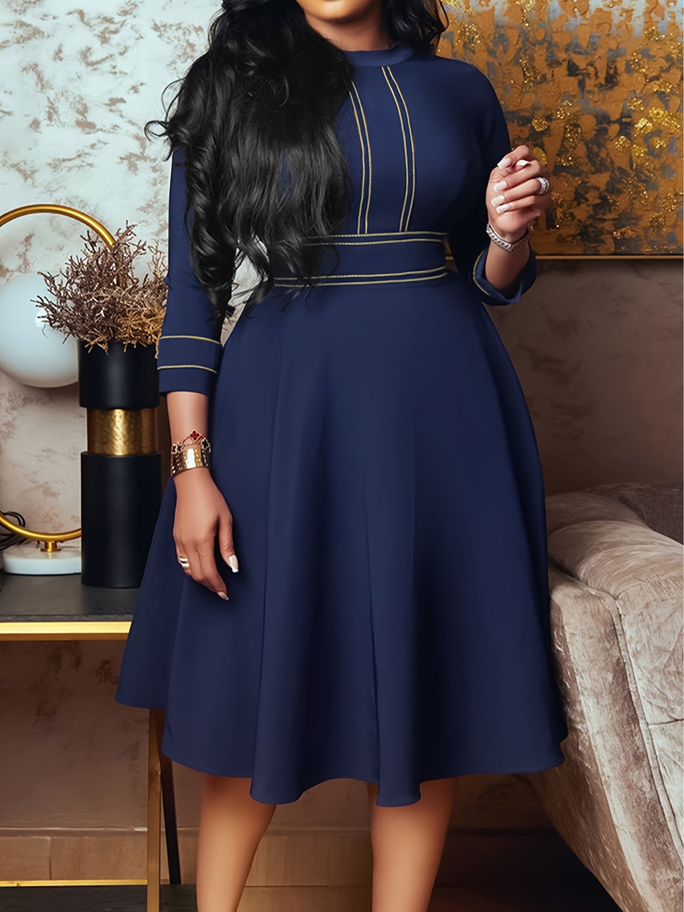 Long Sleeve Stand Collar A Line Dress