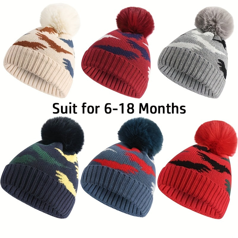 Kids Winter Knit Fleece-Lined Hat With Dinosaur Embroidery