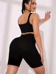 2pcs Ribbed Sports Bra & High Waist Workout Shorts Set