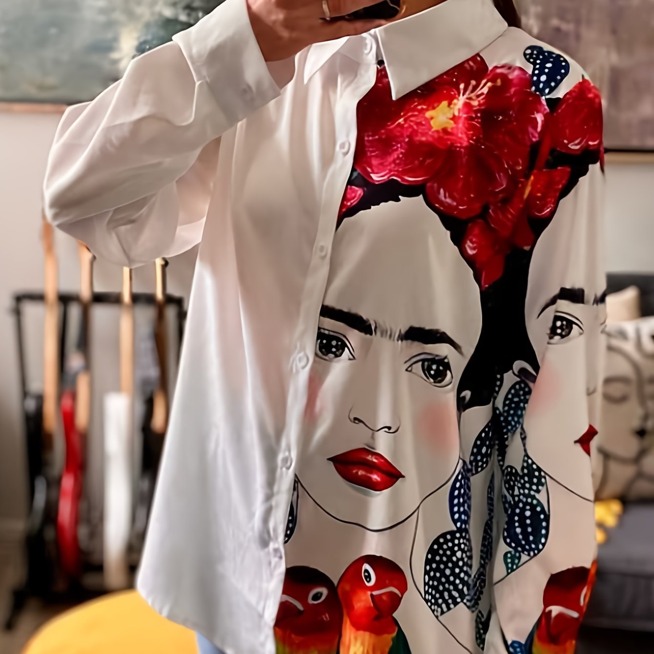 Colorblock Figure Print Button Up Blouse