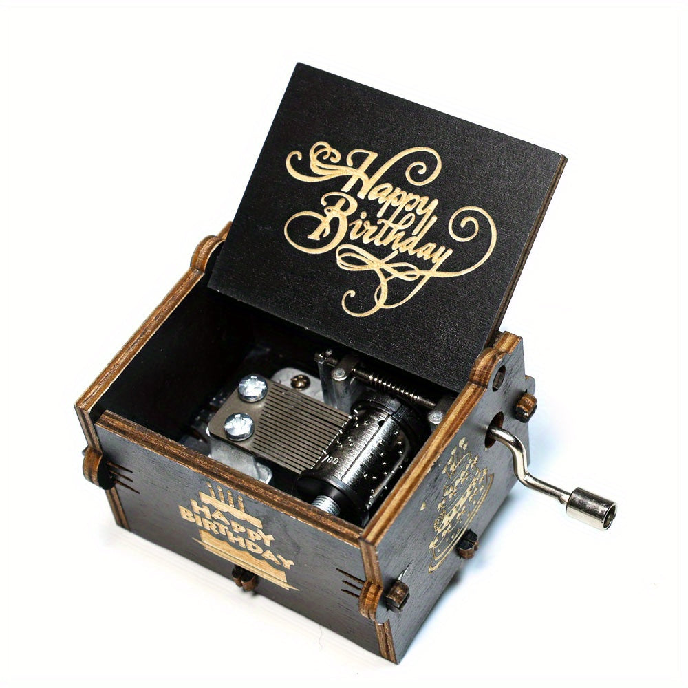 Happy Birthday Music Box Wooden Hand Crank Engraved Musical Instrument