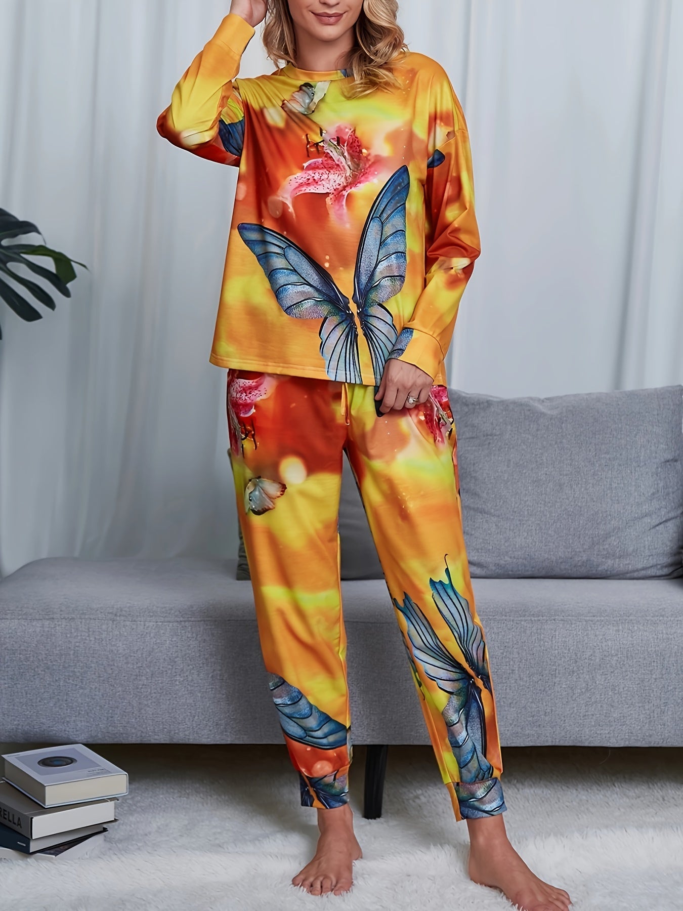 Tie Dye Print Lounge Set Long Sleeve Top & Pants Women's Loungewear