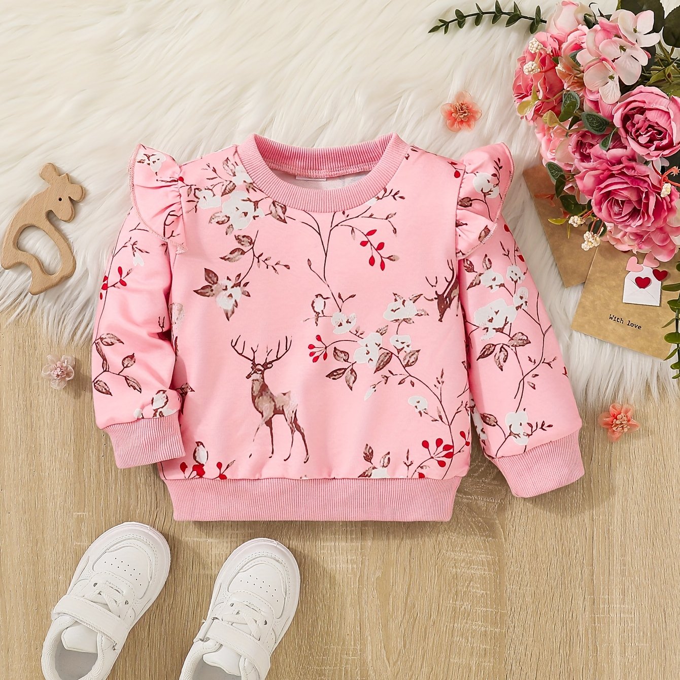 Baby Girls Fawn Floral Print Ribbed Flutter Sleeve Pullover Round Neck Tops