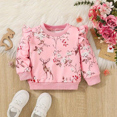 Baby Girls Fawn Floral Print Ribbed Flutter Sleeve Pullover Round Neck Tops