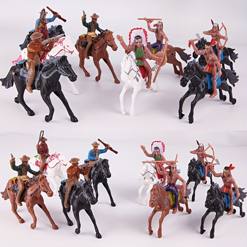 4pcs Western Cowboy and Tribal Figures Set Action Poses Rider Statues Horseback