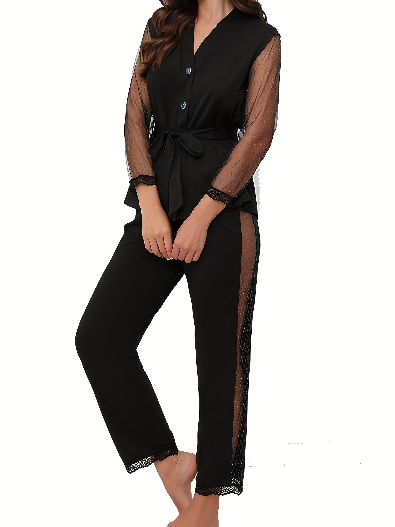 Mesh Stitching Lounge Set Long Sleeve V Neck Top & Elastic Waistband Pants