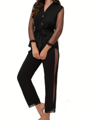 Mesh Stitching Lounge Set Long Sleeve V Neck Top & Elastic Waistband Pants