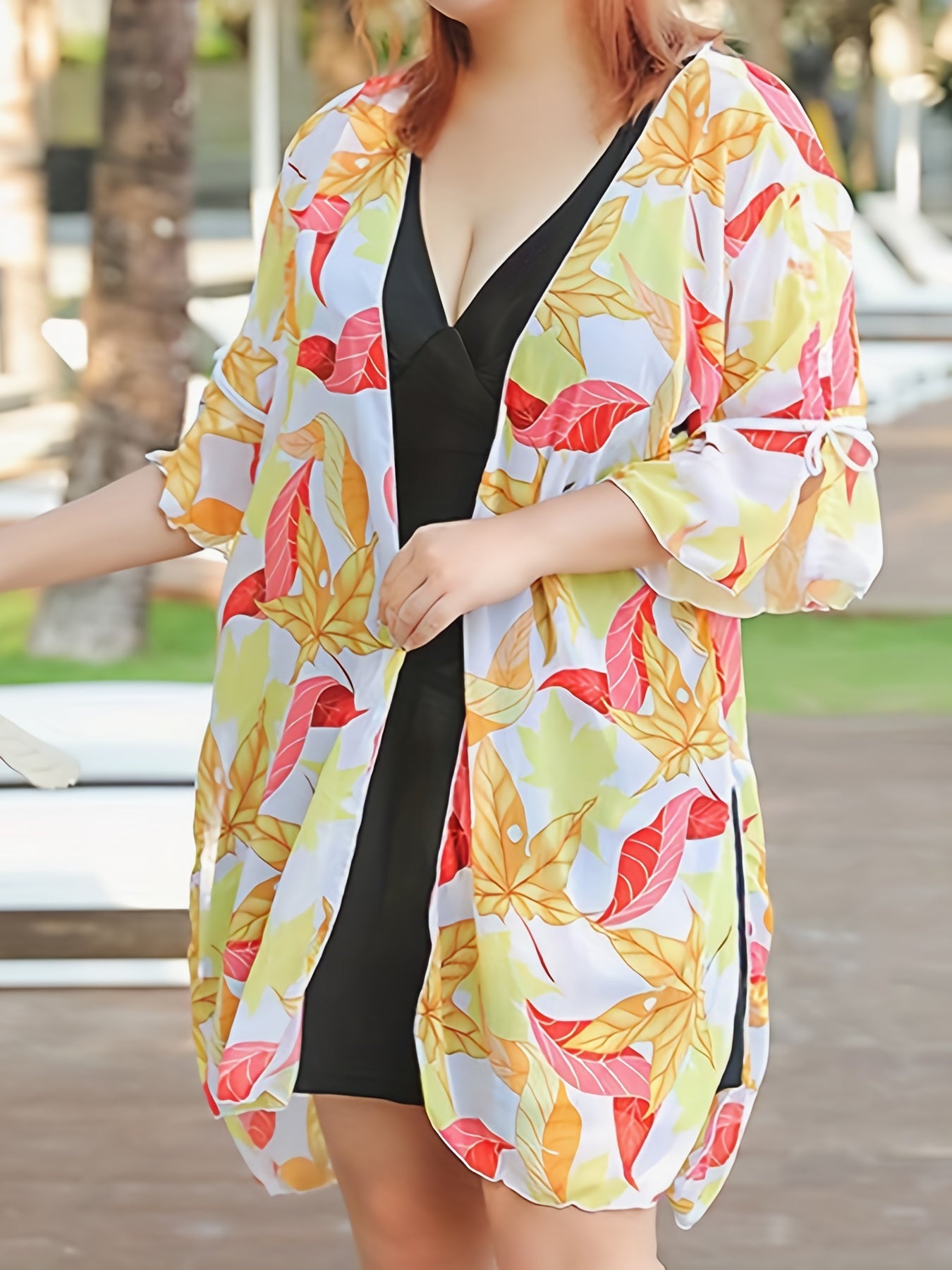Women's Lotus Floral Leaf Print Sun Protection Cardigan Cover Up