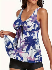 Tropical Print Boho Tankini Set Lace Up V Neck Top & Shorts Swimsuit