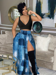 Patchwork Printed Maxi Skirt Casual Split Thigh