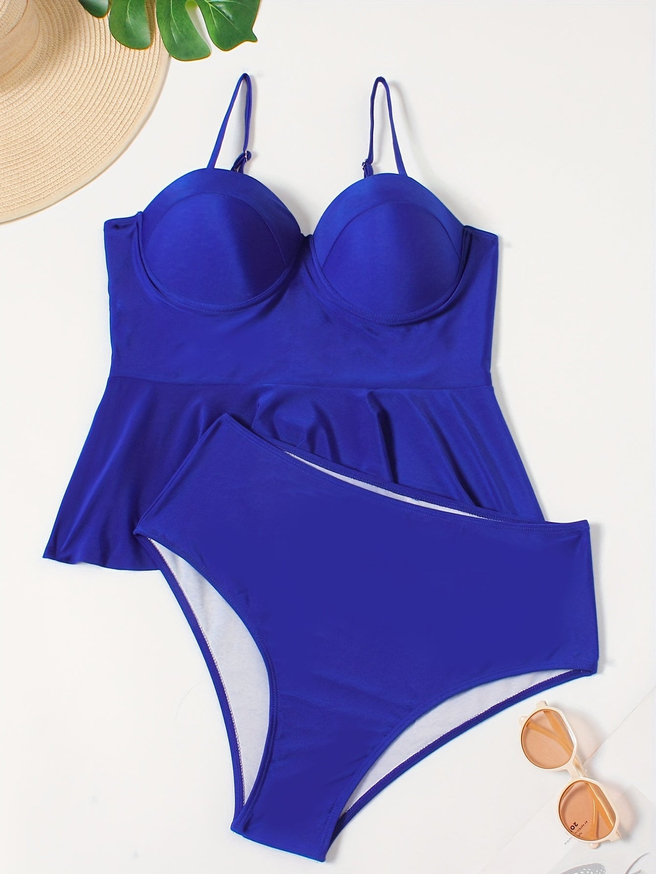 Retro Tankini Set Women's Plus Plain Sweetheart Neck Cami Top & Underw