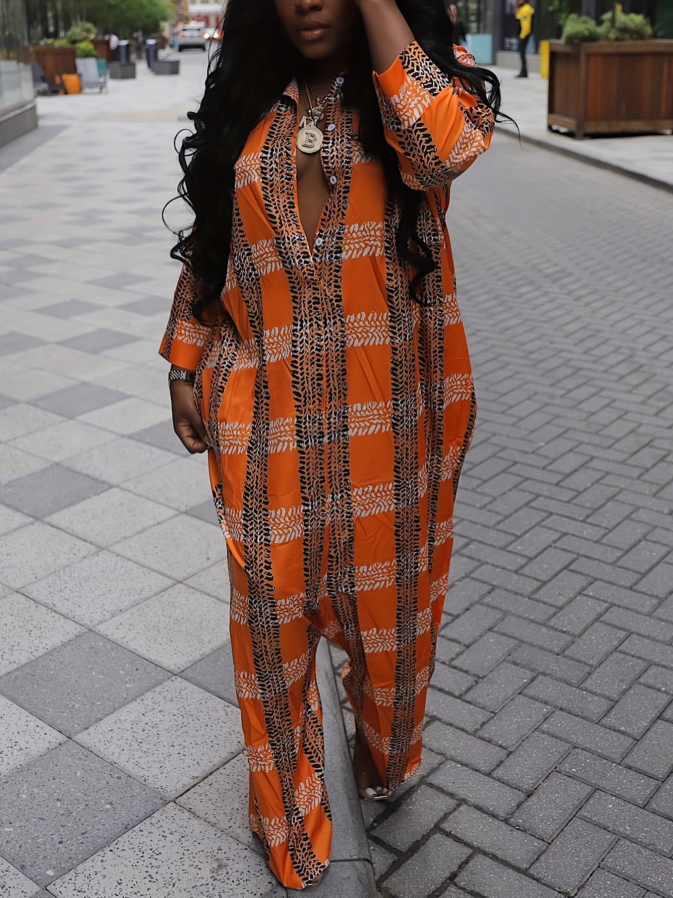 Grid Print Polo Neck Baggy Romper