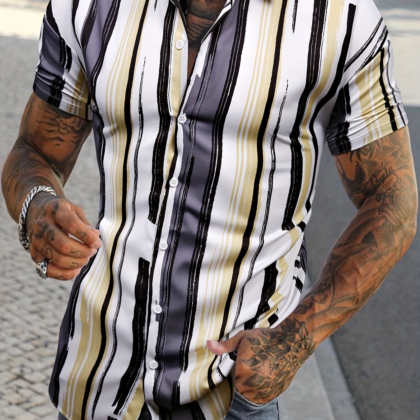 Stripe Print Men s Casual Short Sleeve Shirt Summer Vacation Resort Tops