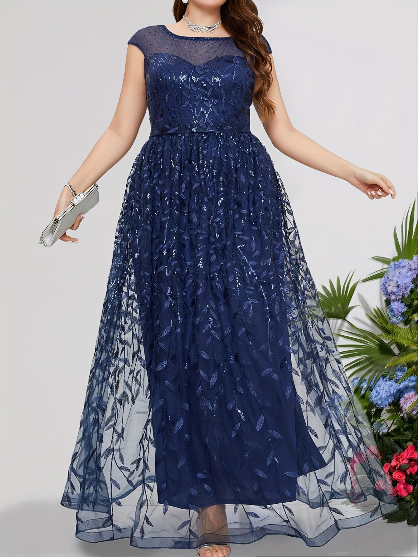Leaf Print Sequin Cap Sleeve Maxi Evening Formal Dress