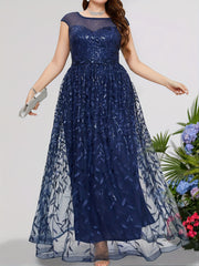 Leaf Print Sequin Cap Sleeve Maxi Evening Formal Dress