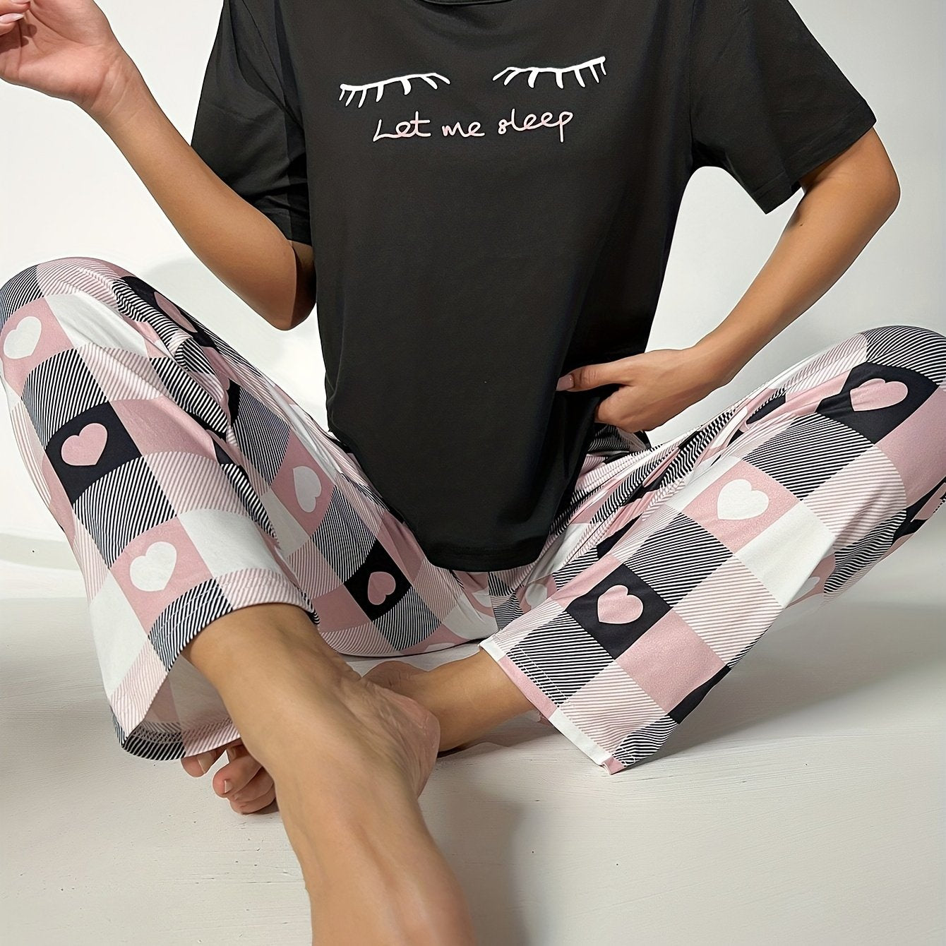 Letter Print Pajama Set Short Sleeve Top & Plaid Pants