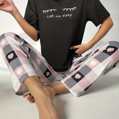 Letter Print Pajama Set Short Sleeve Top & Plaid Pants