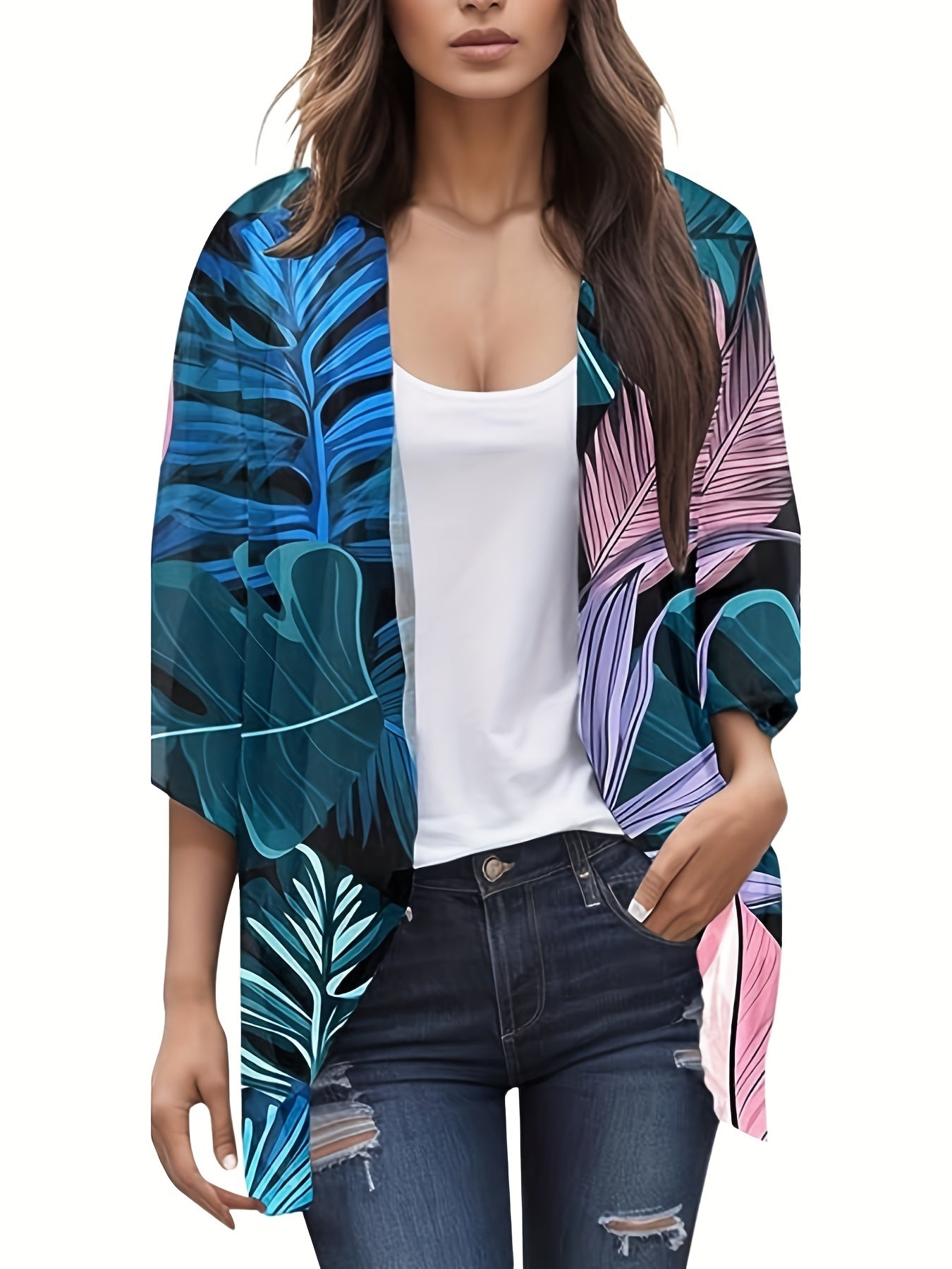 Women's Plus Tropical Print Half Sleeve Open Front Cardigan