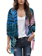Women's Plus Tropical Print Half Sleeve Open Front Cardigan