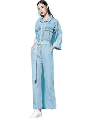 Elastic Band Waist Denim Jumpsuit Long Sleeve Flap Pockets