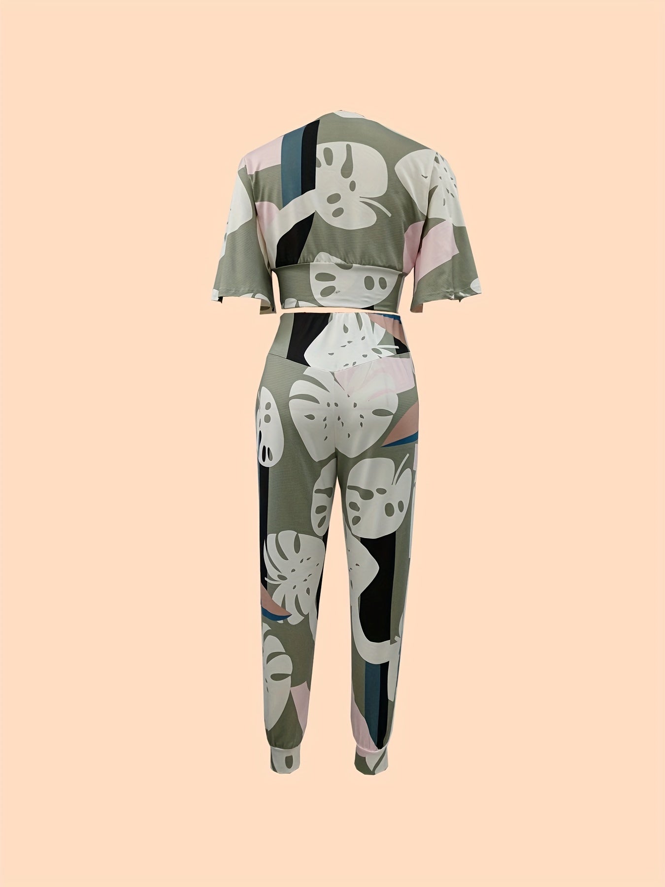 Leaf Print Two Piece Set Crop Top & Pants Outfit